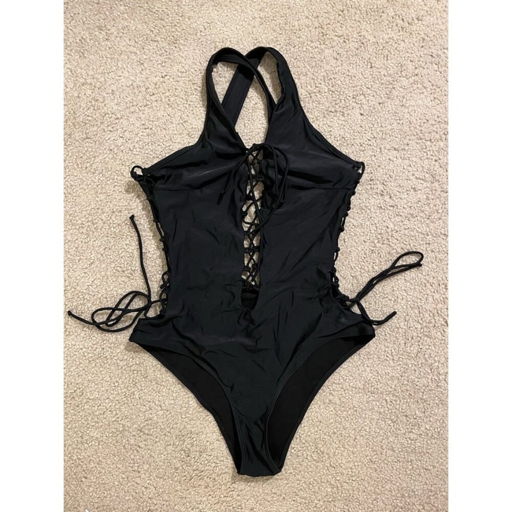 Black Lace-Up One Piece Bathing Suit